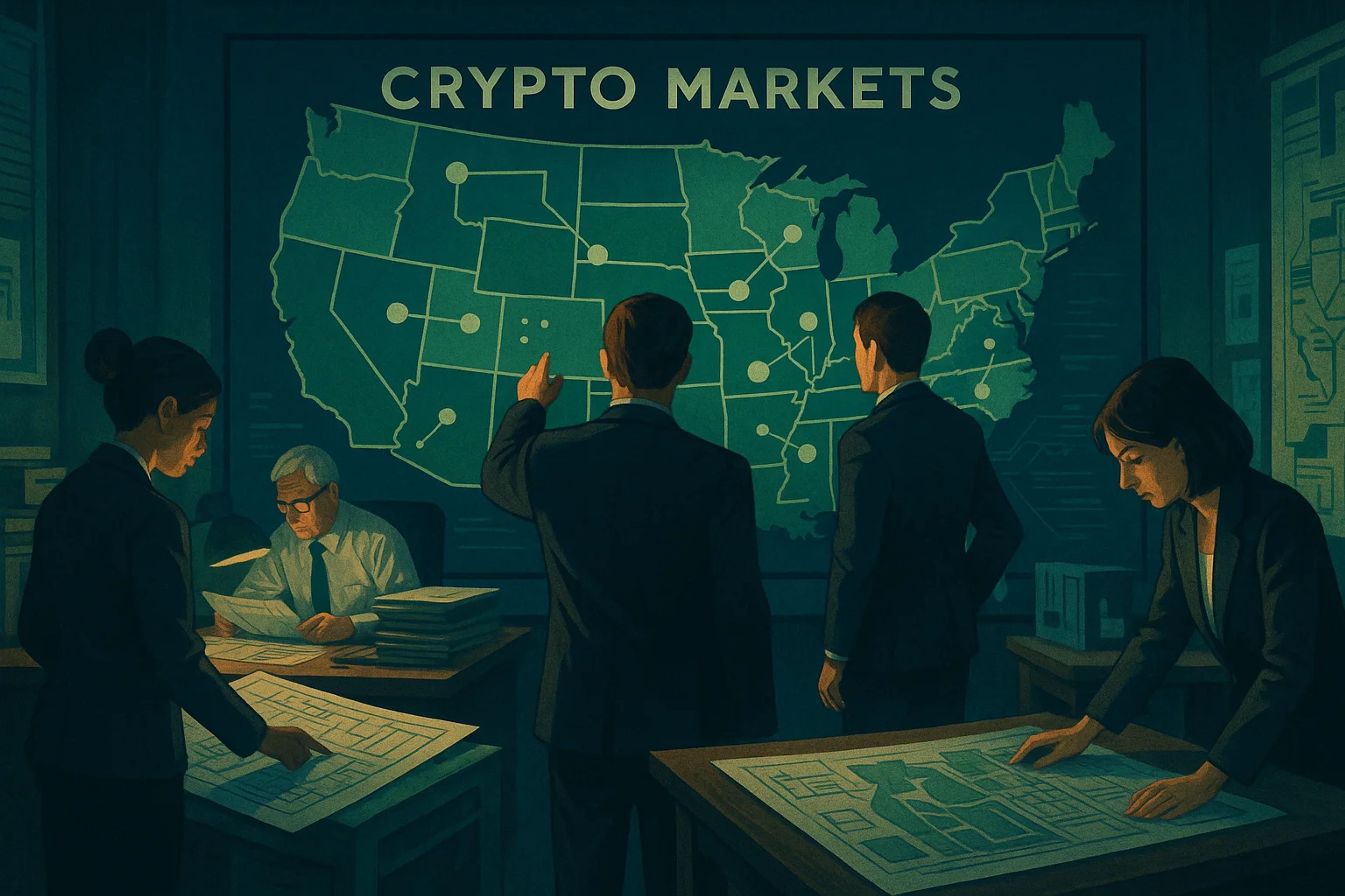 Group of professionals analyzing a map in a dimly