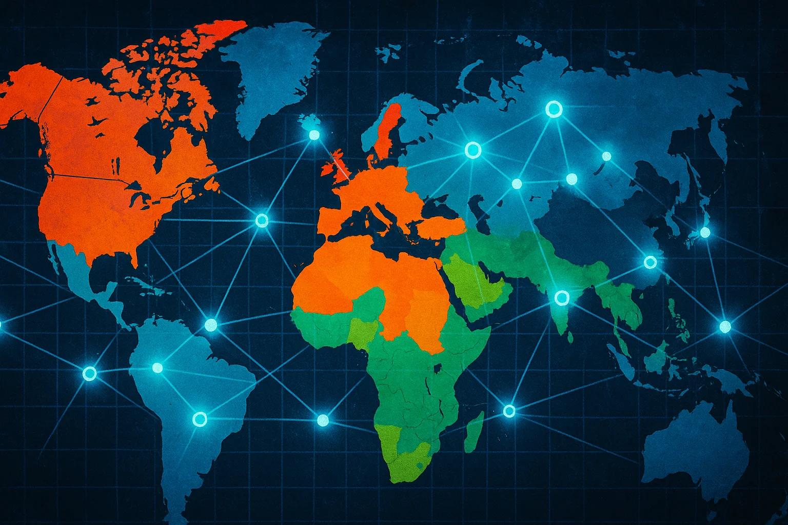 World map with regions colored in orange, green