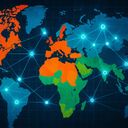 World map with regions colored in orange, green