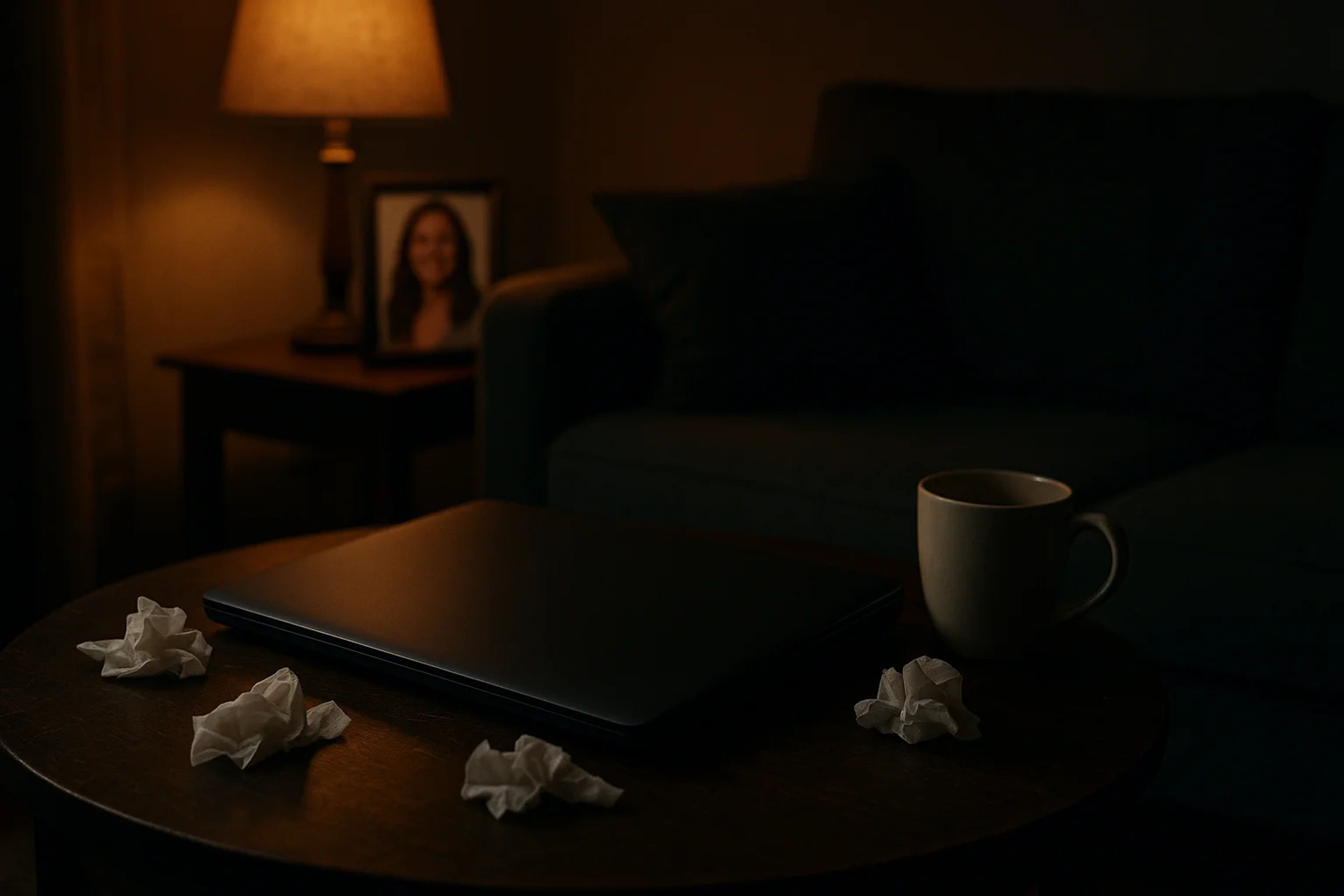A dimly lit living room with a laptop on a table