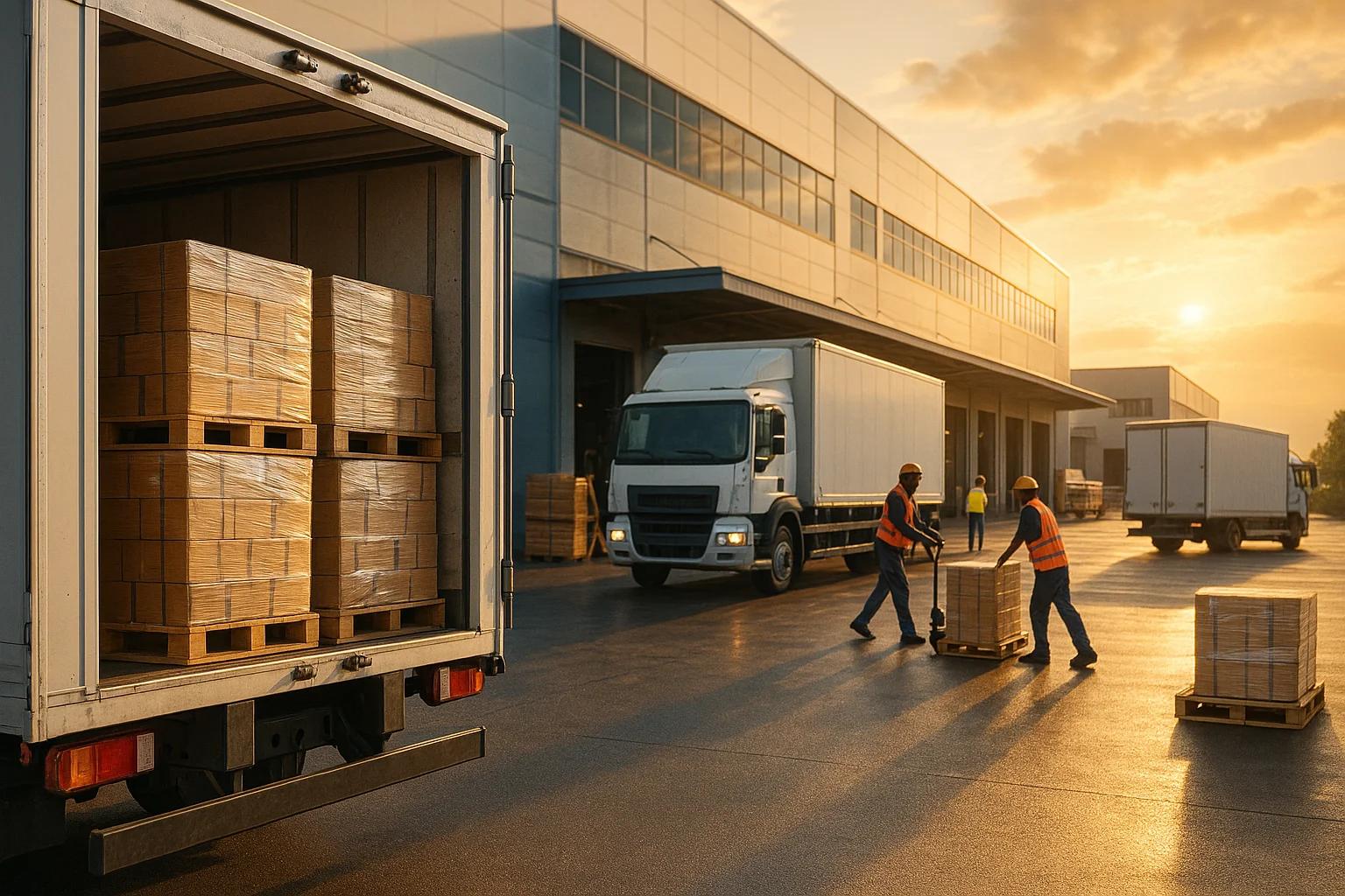 Workers unloading pallets from trucks at sunset