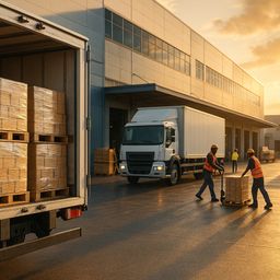 Workers unloading pallets from trucks at sunset