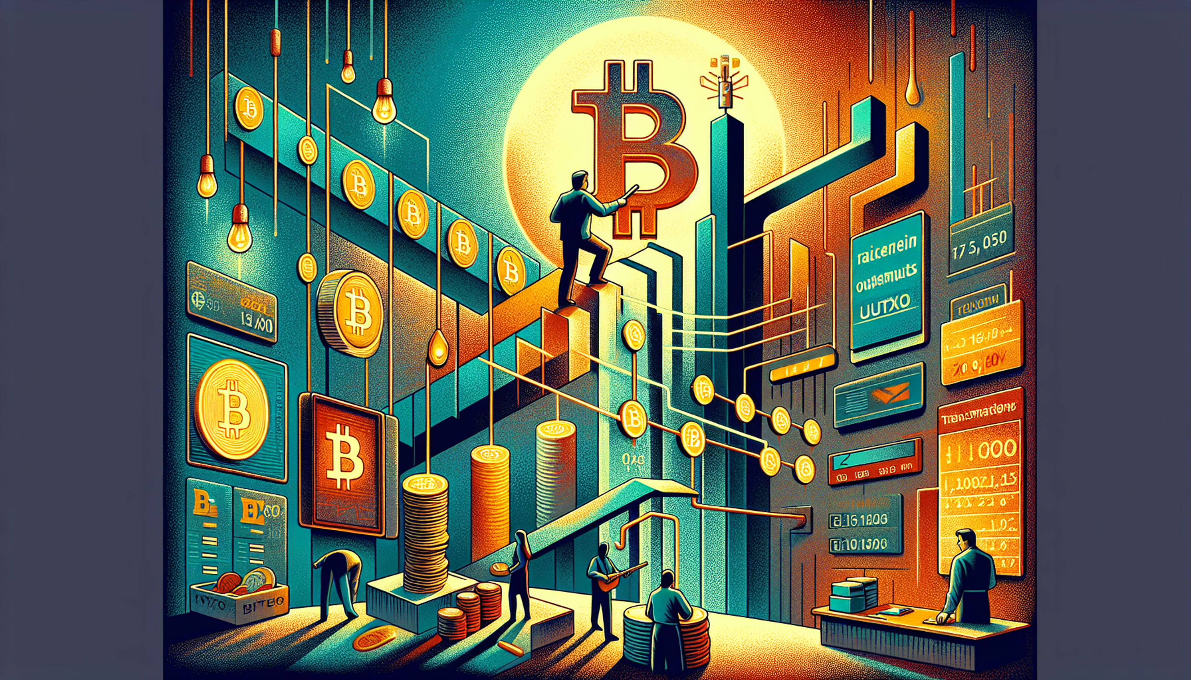 Colorful digital artwork depicting Bitcoin