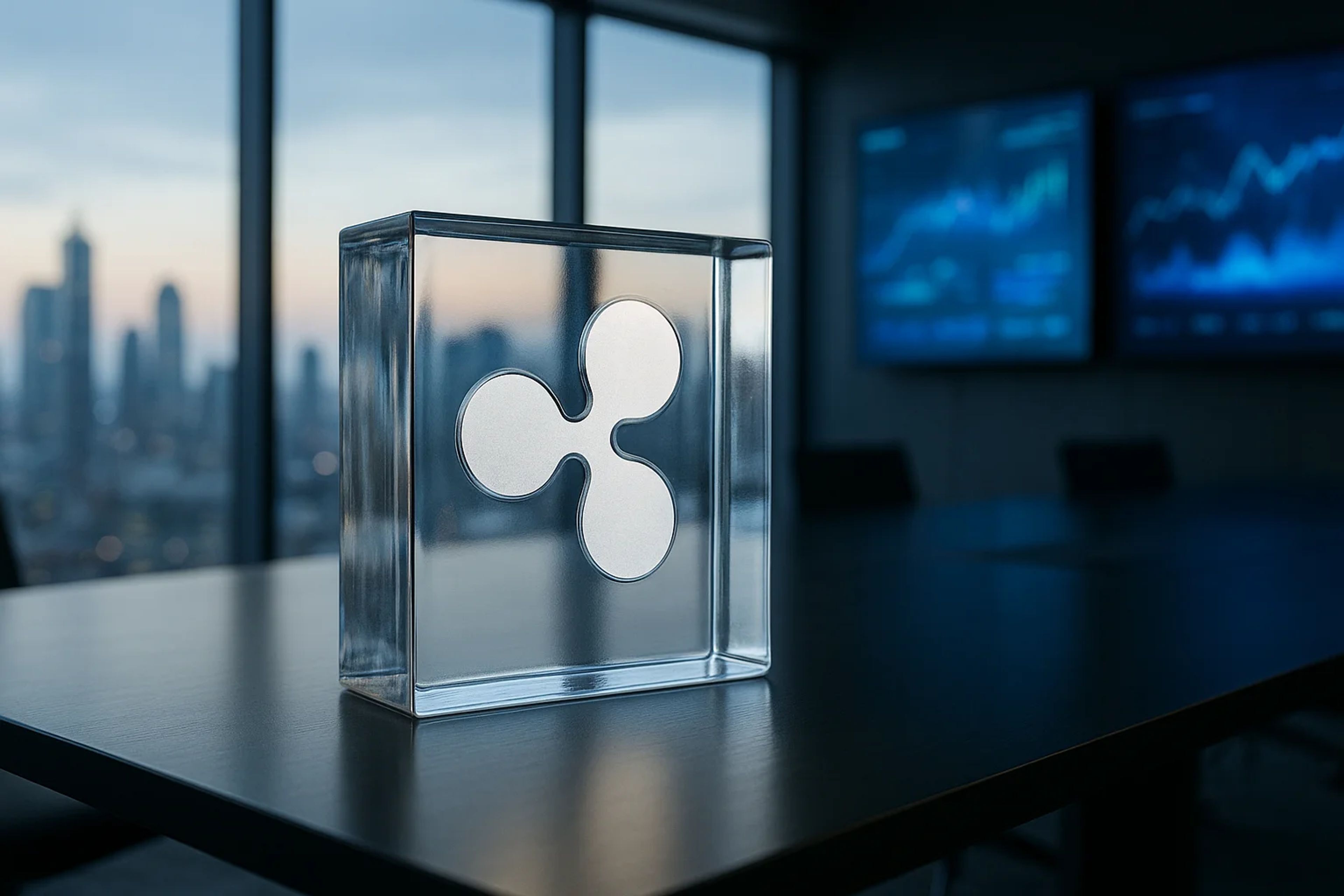 Clear block with a three-part logo on a table