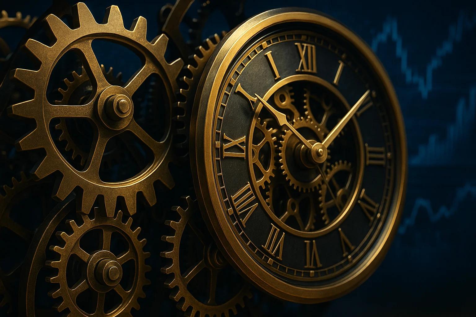 Close-up of a vintage clock with gears