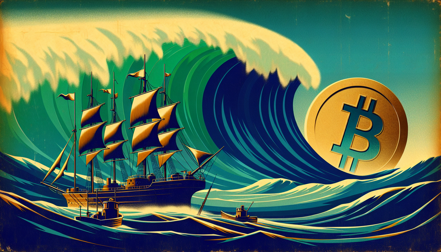 A vintage-style illustration of a ship sailing