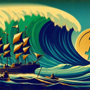 A vintage-style illustration of a ship sailing