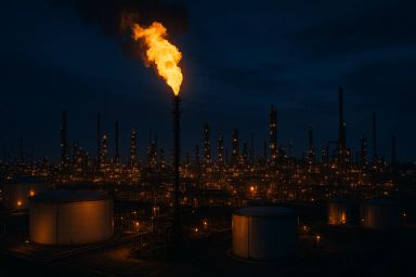 Industrial landscape at night with a flame atop a
