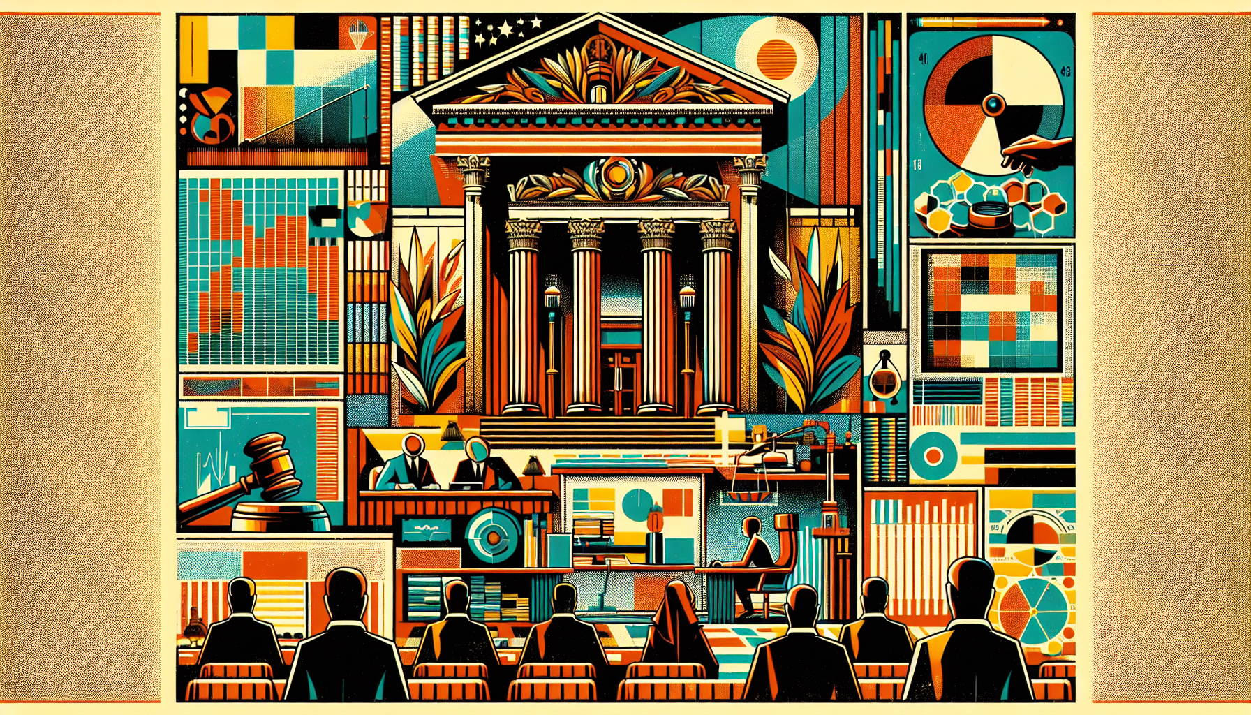 A stylized courtroom scene with colorful graphics