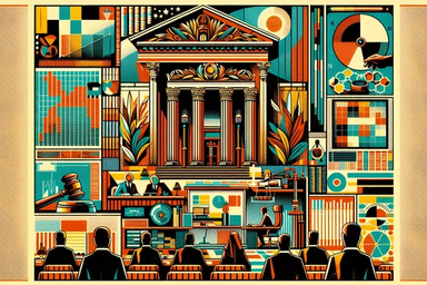 A stylized courtroom scene with colorful graphics
