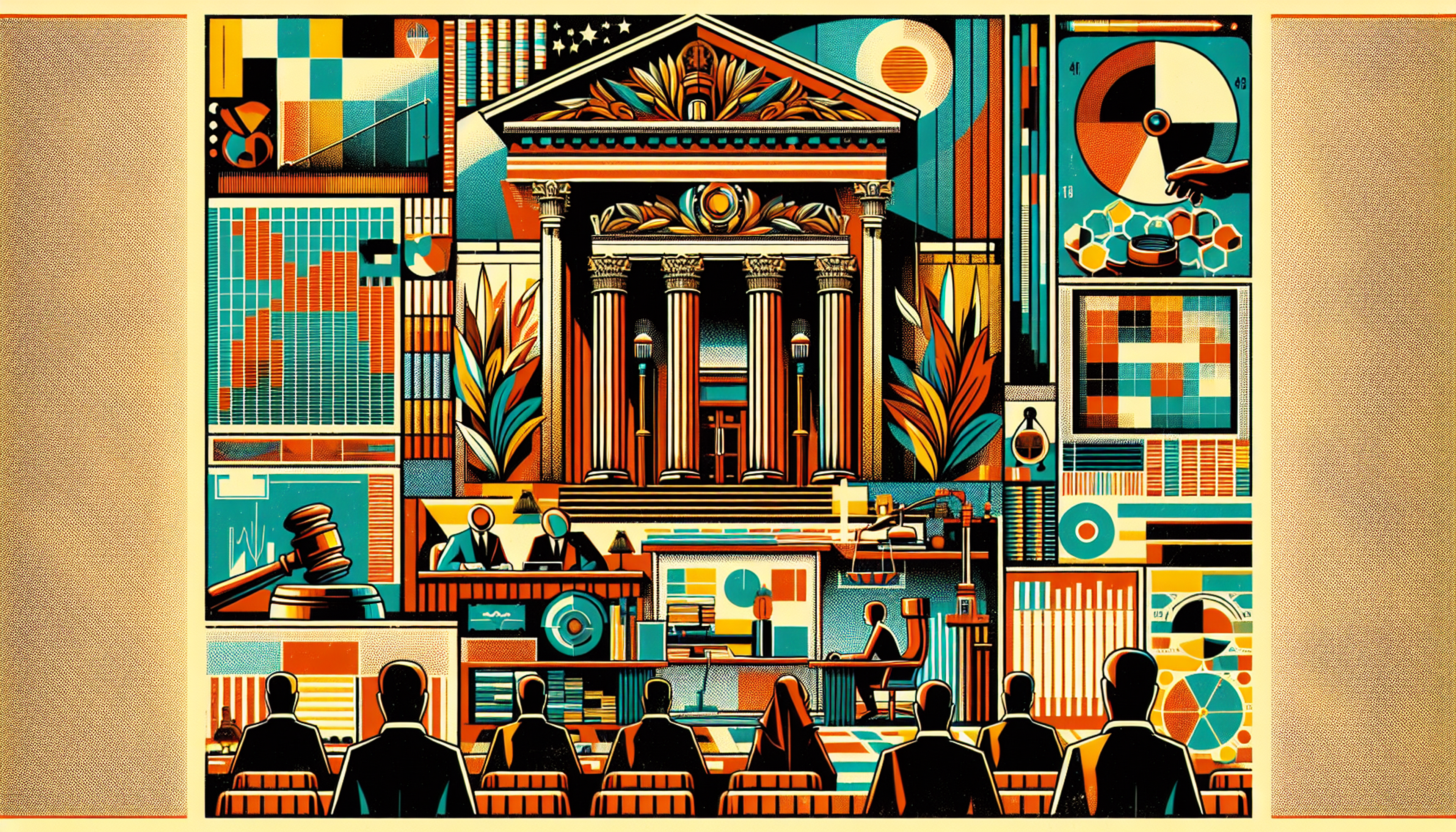 A stylized courtroom scene with colorful graphics
