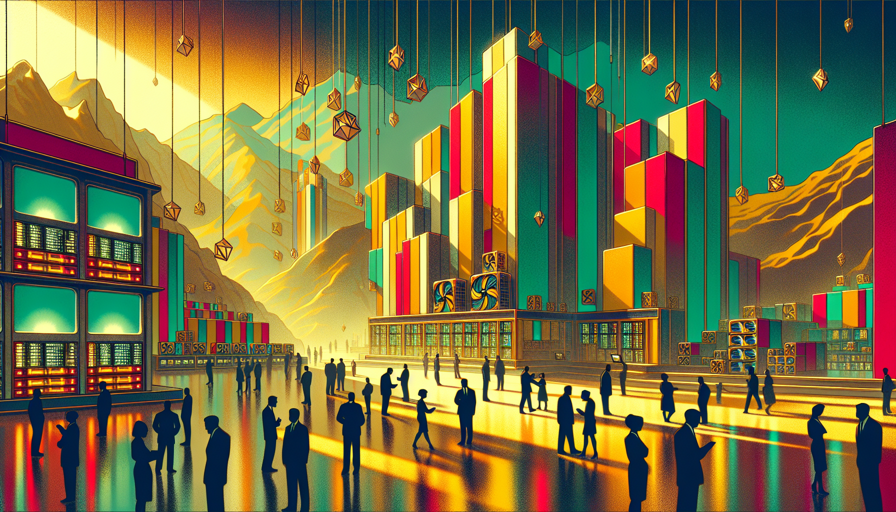 Colorful geometric buildings with people
