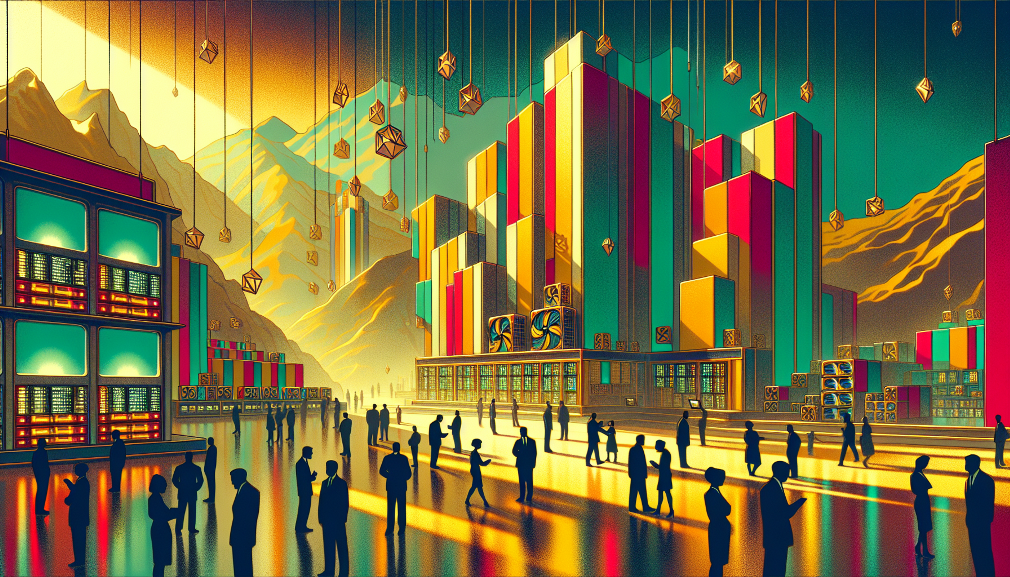 Colorful geometric buildings with people