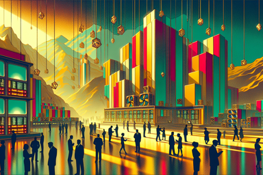 Colorful geometric buildings with people