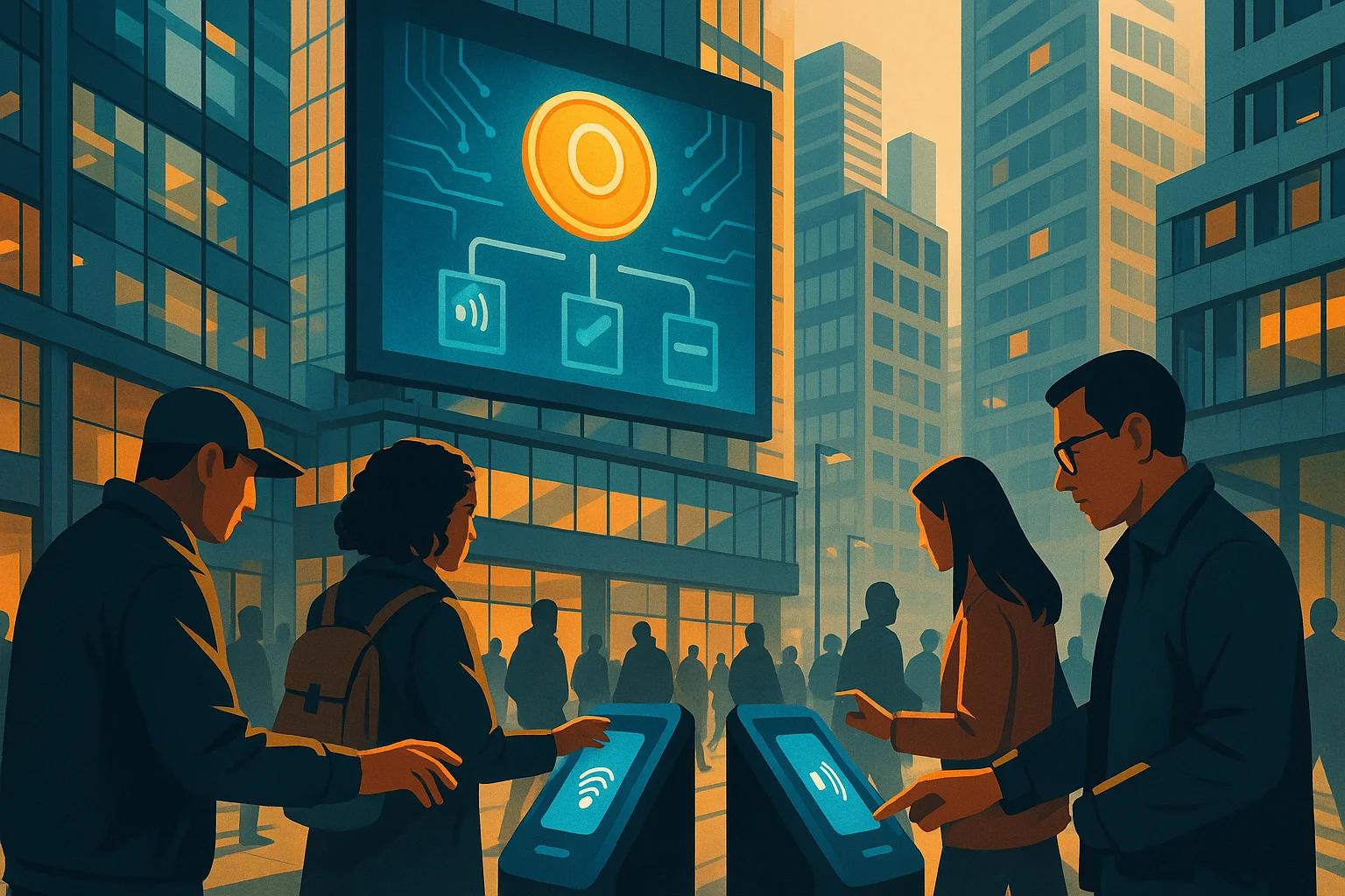 People interacting with digital kiosks in a