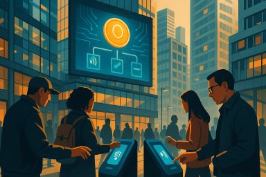 People interacting with digital kiosks in a
