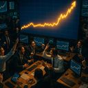 Traders in suits celebrate in a busy trading room