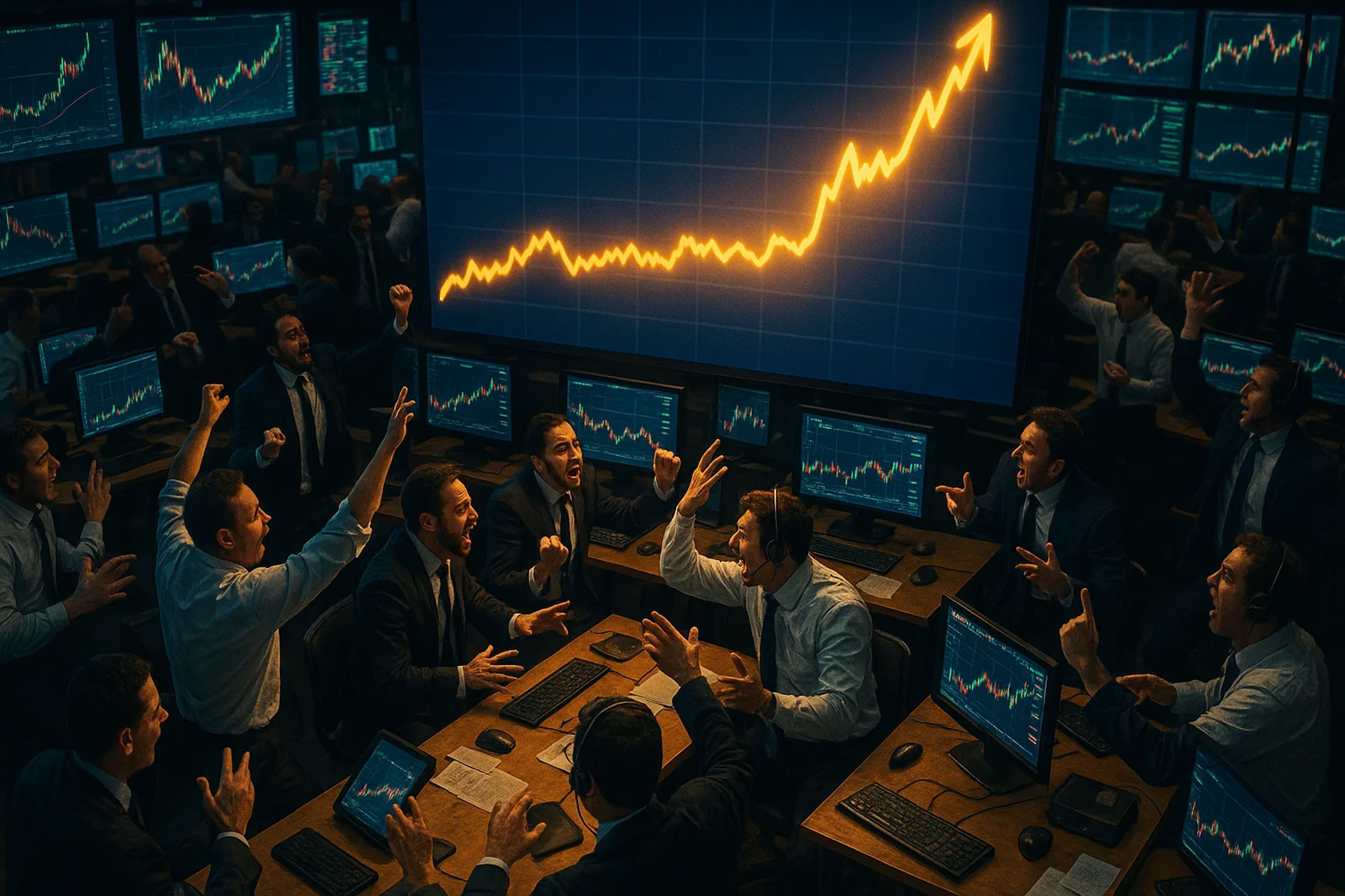 Traders in suits celebrate in a busy trading room