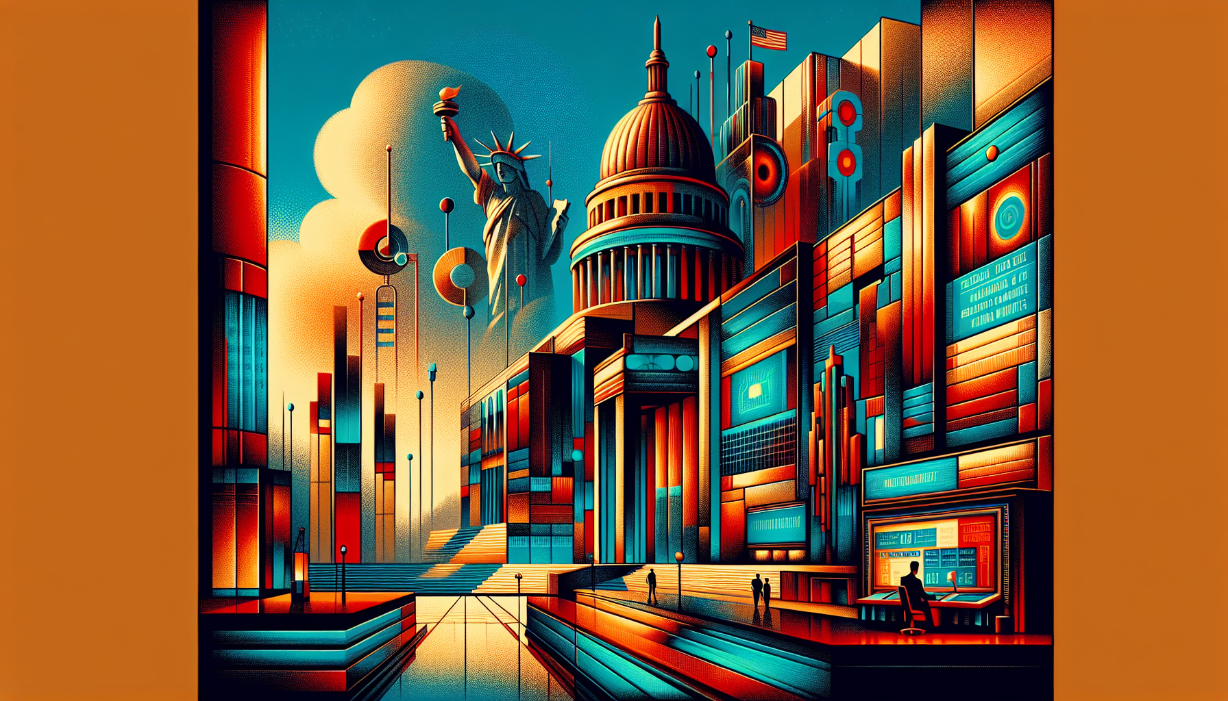 Colorful abstract cityscape with iconic landmarks