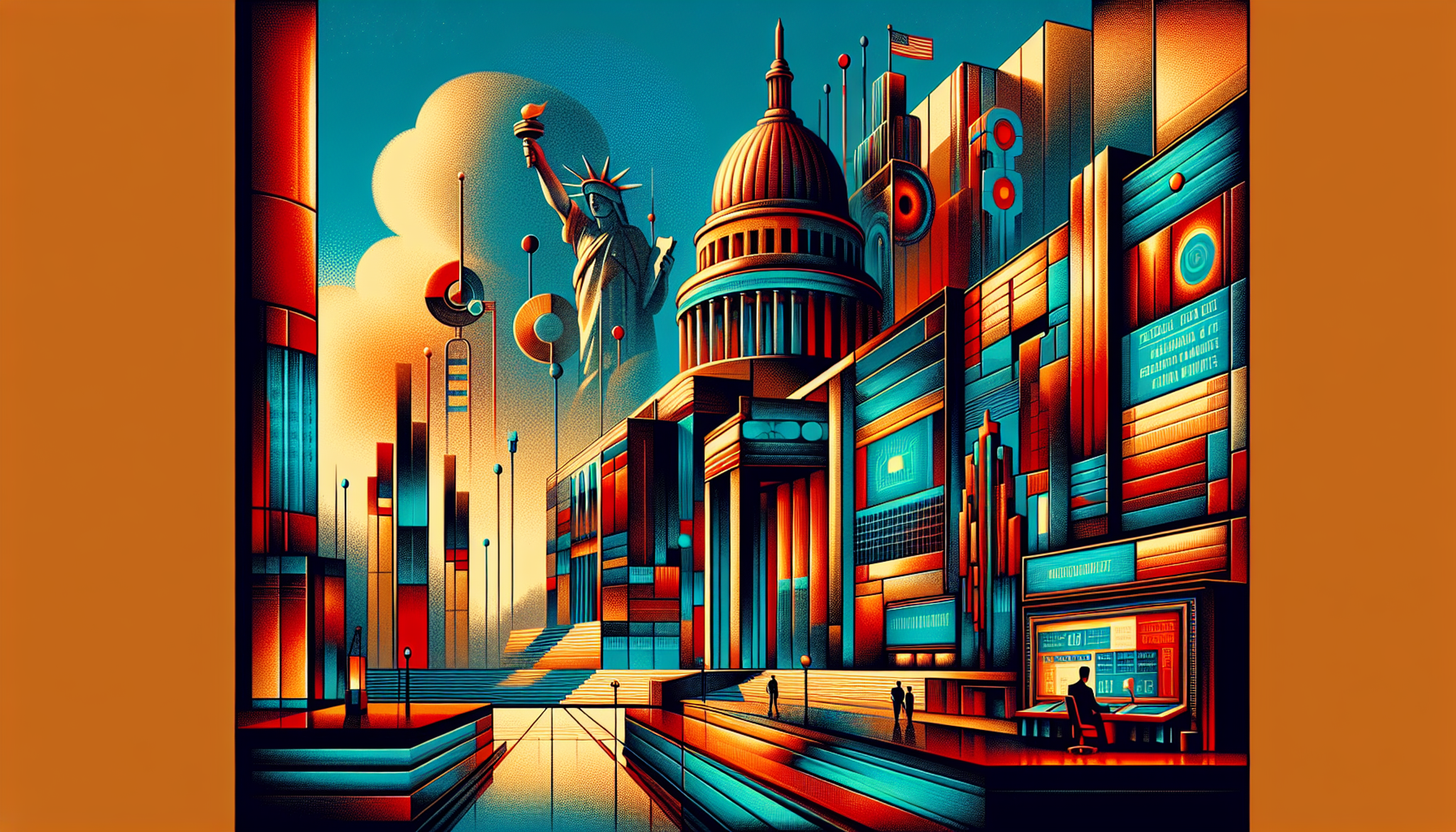 Colorful abstract cityscape with iconic landmarks