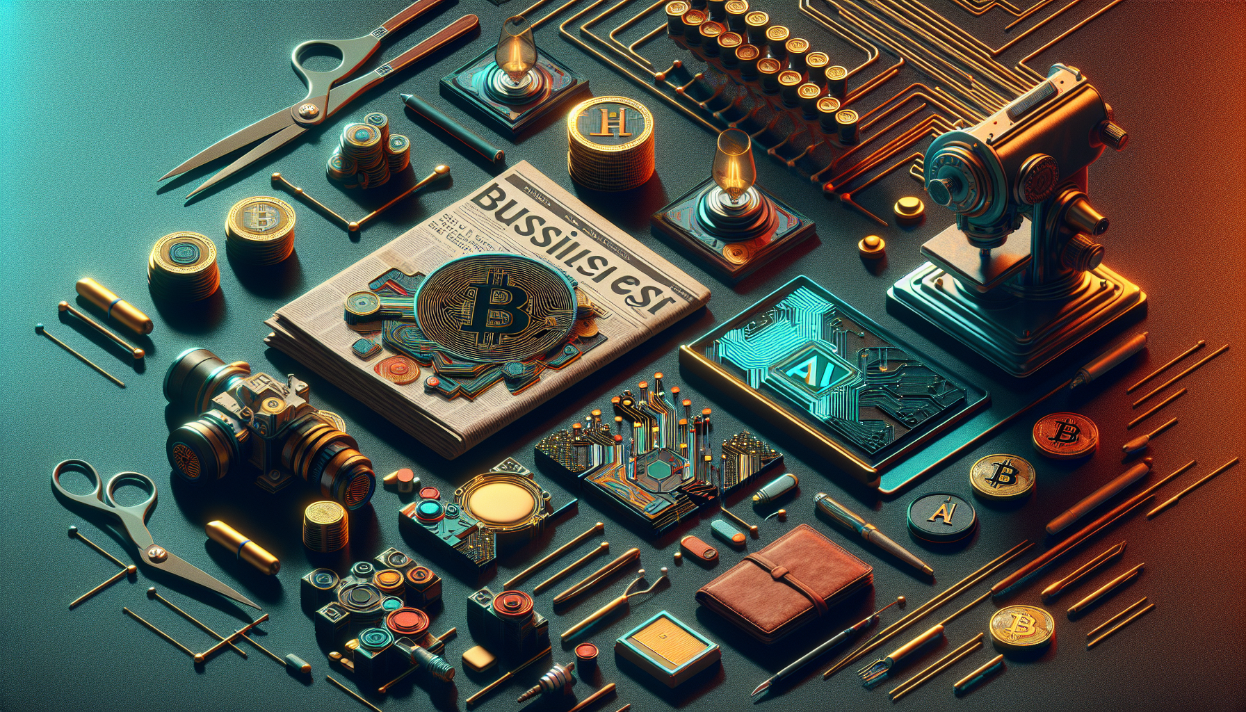 A flat lay of various objects including coins, a
