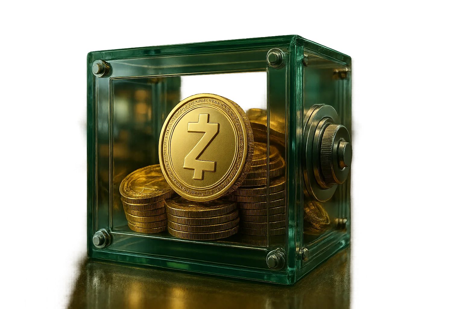 A transparent glass safe containing gold coins