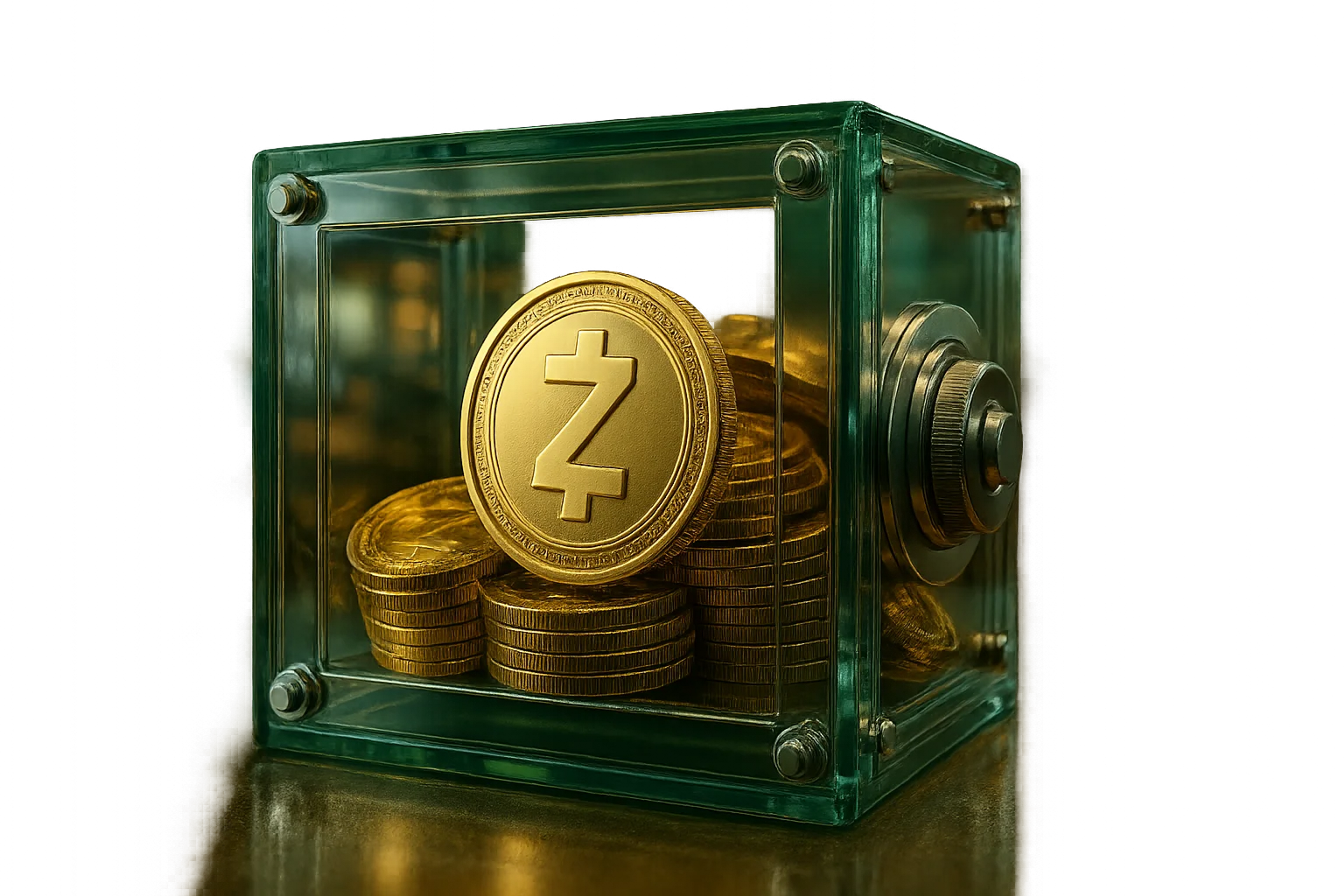 A transparent glass safe containing gold coins