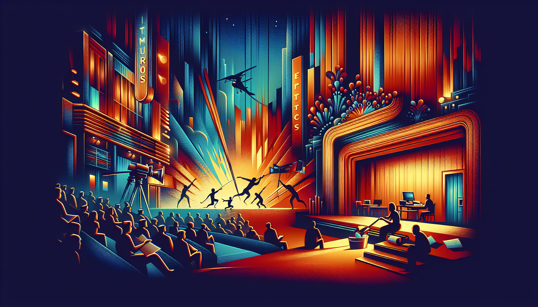 Colorful stage scene with performers and audience