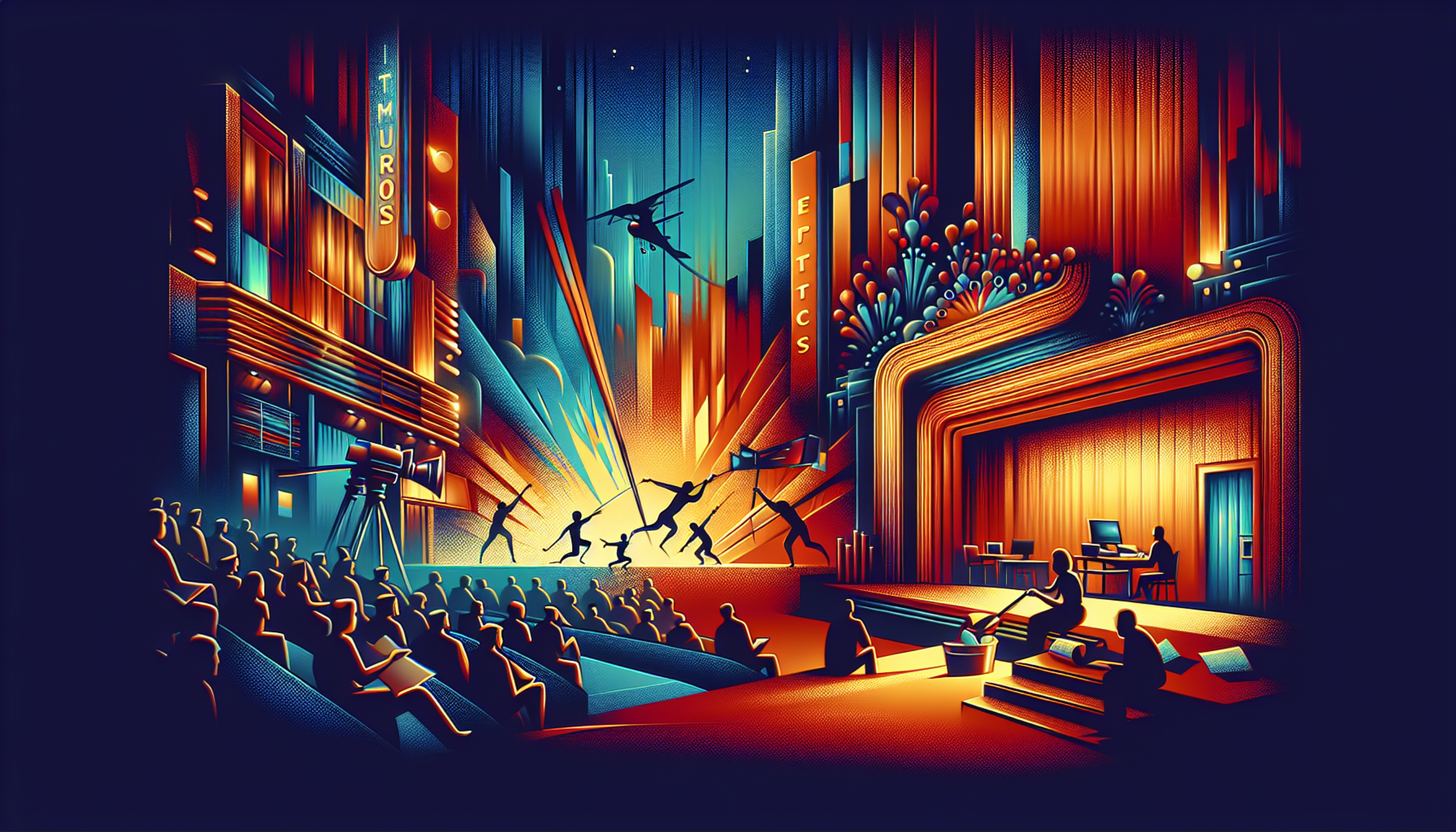 Colorful stage scene with performers and audience