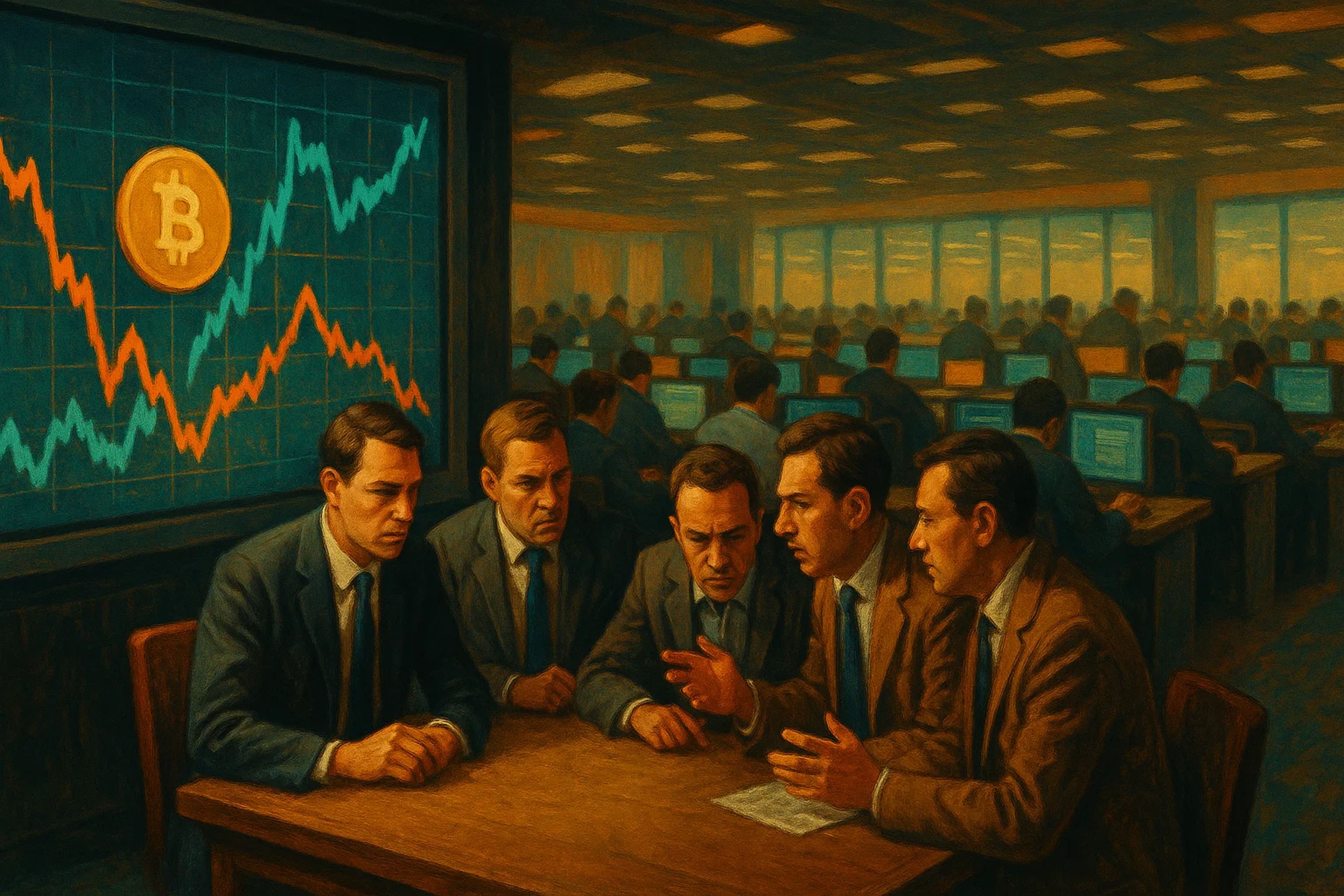 Five men in suits discussing at a table, with a