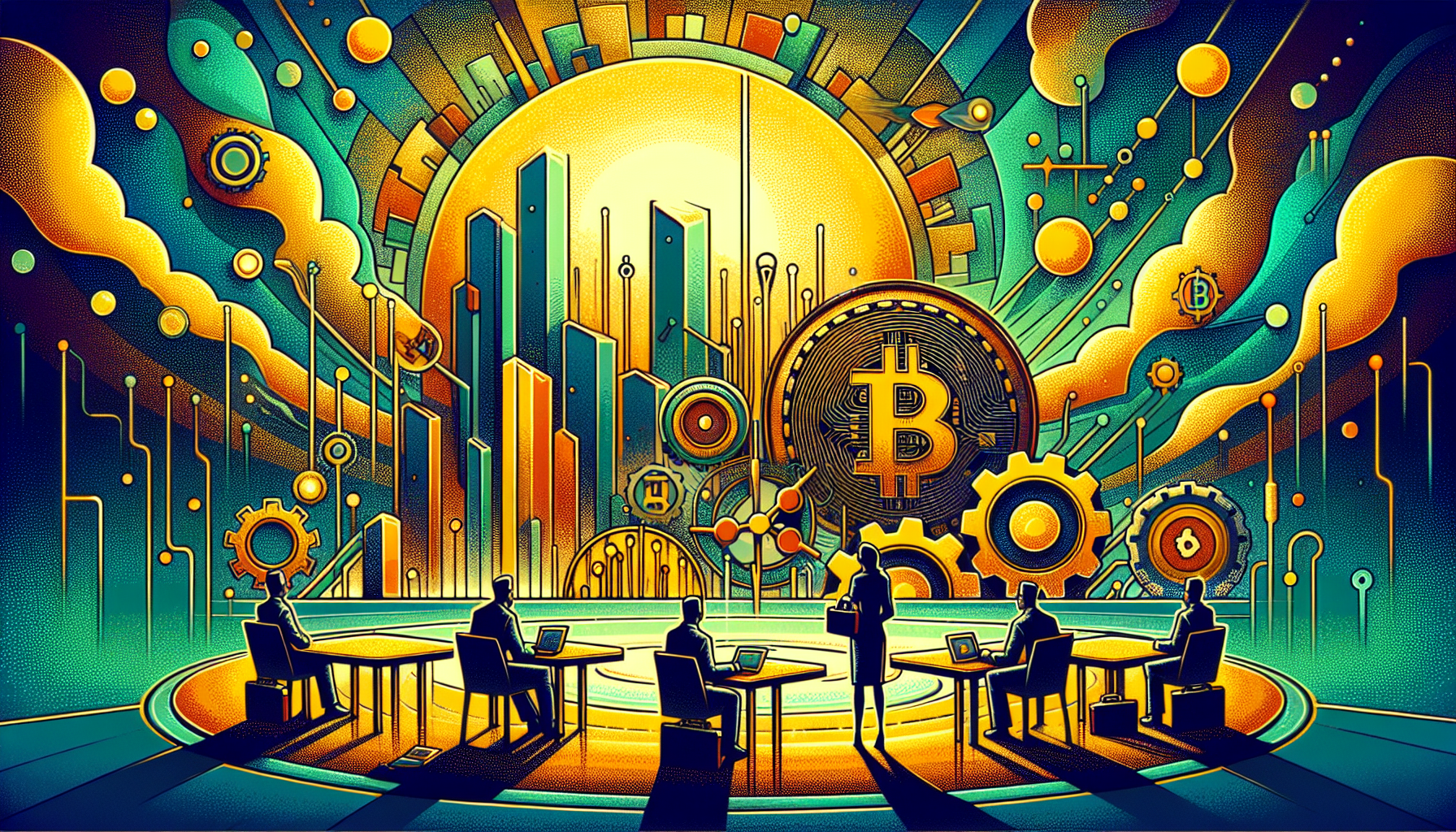 Silhouettes of people at tables with a vibrant