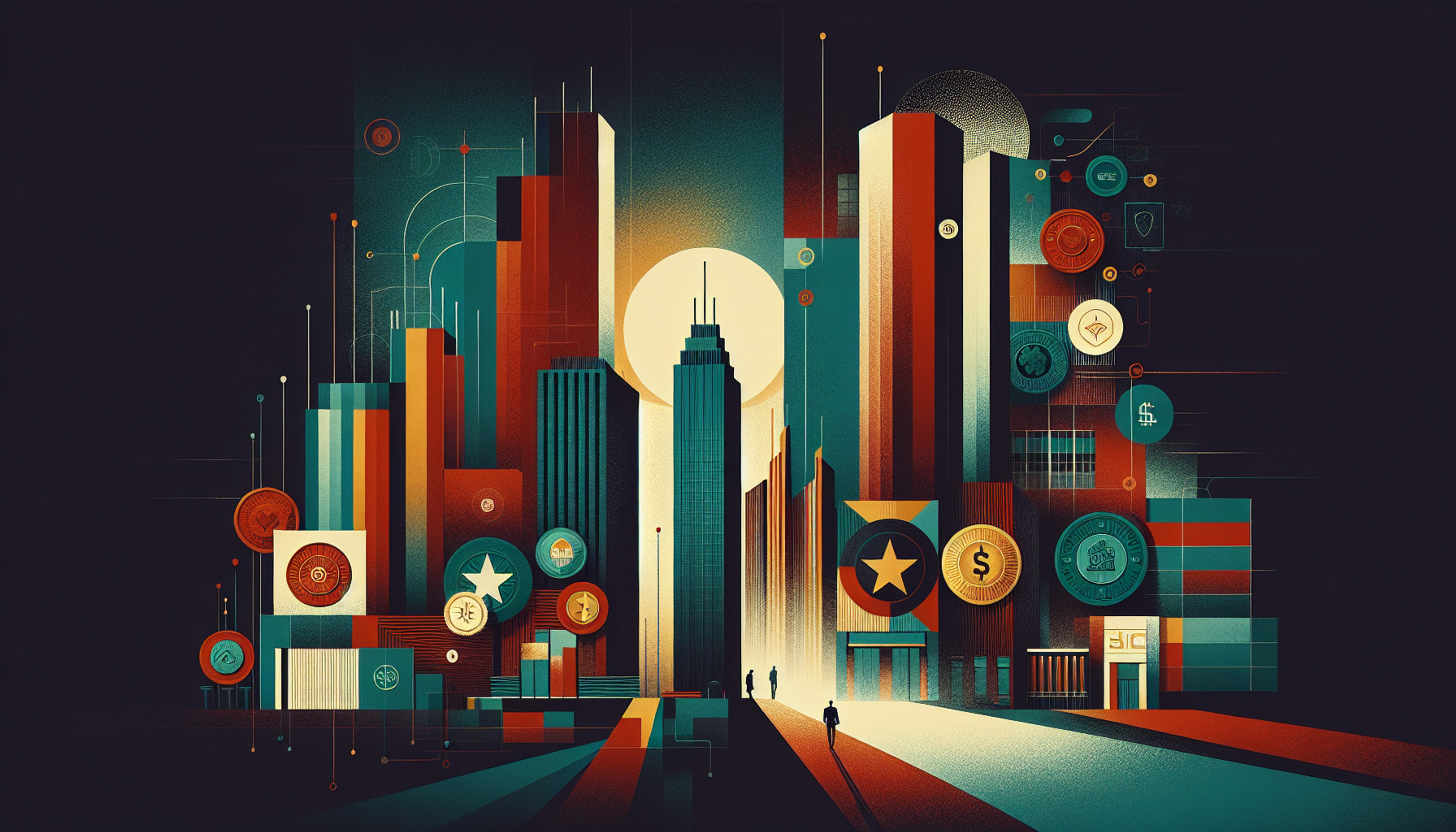 Stylized city skyline with abstract shapes and