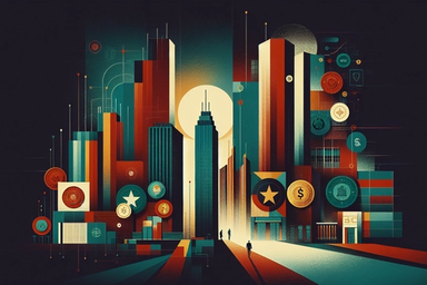 Stylized city skyline with abstract shapes and