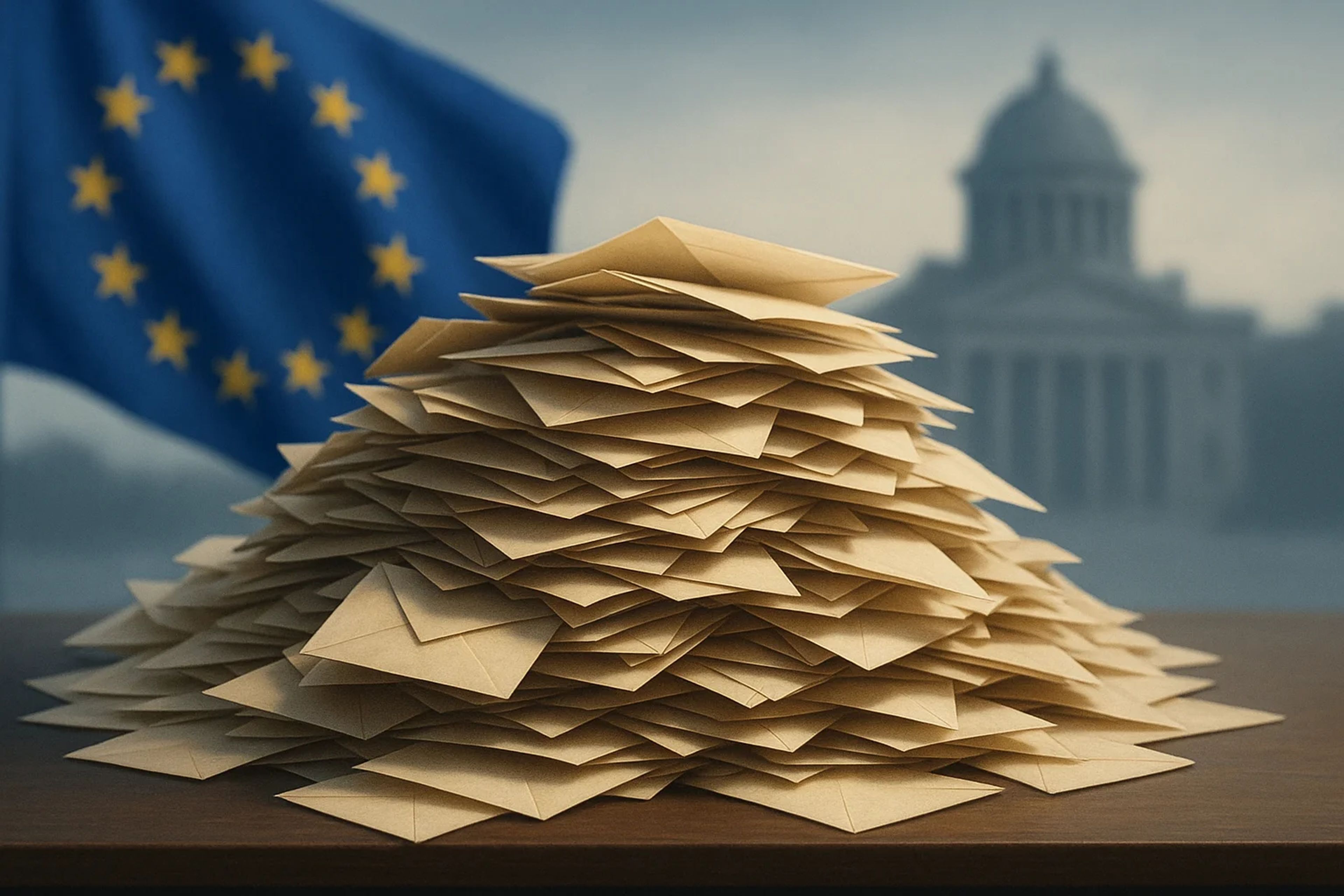 A large pile of envelopes in front of a blurred
