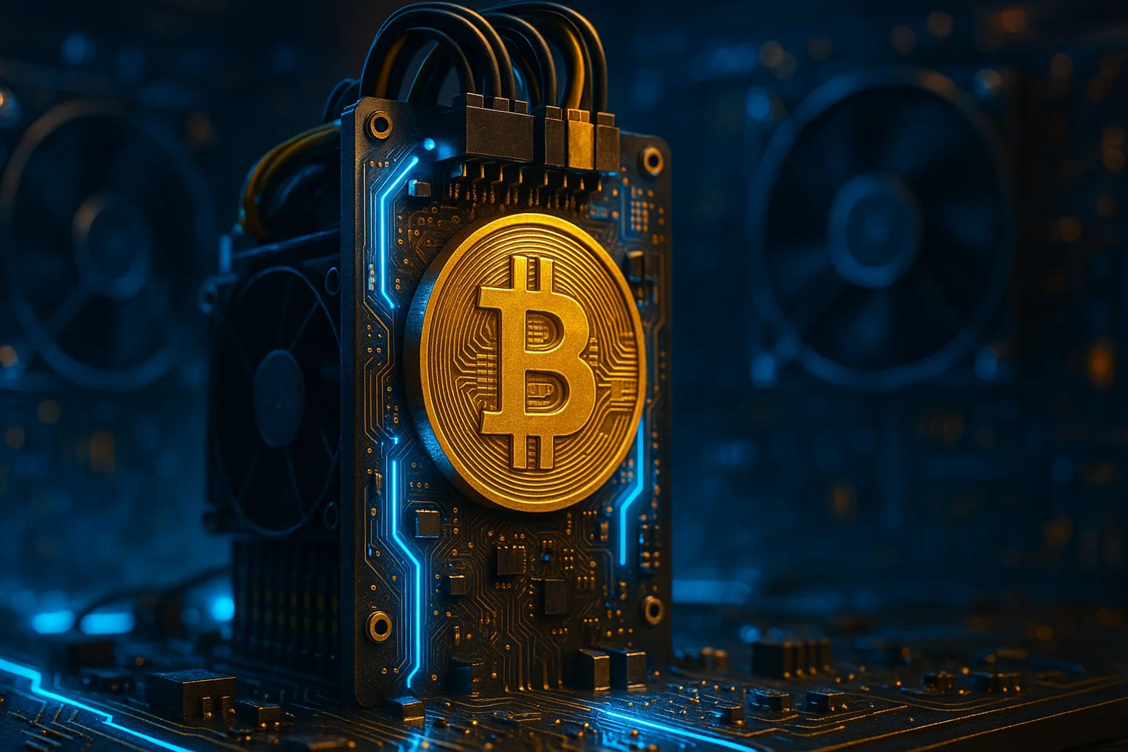 Golden Bitcoin symbol on a circuit board with