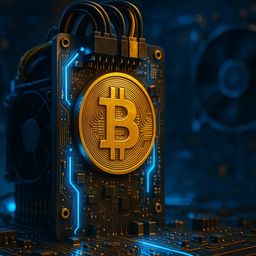 Golden Bitcoin symbol on a circuit board with