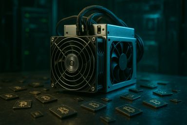 A Bitcoin mining machine surrounded by gold