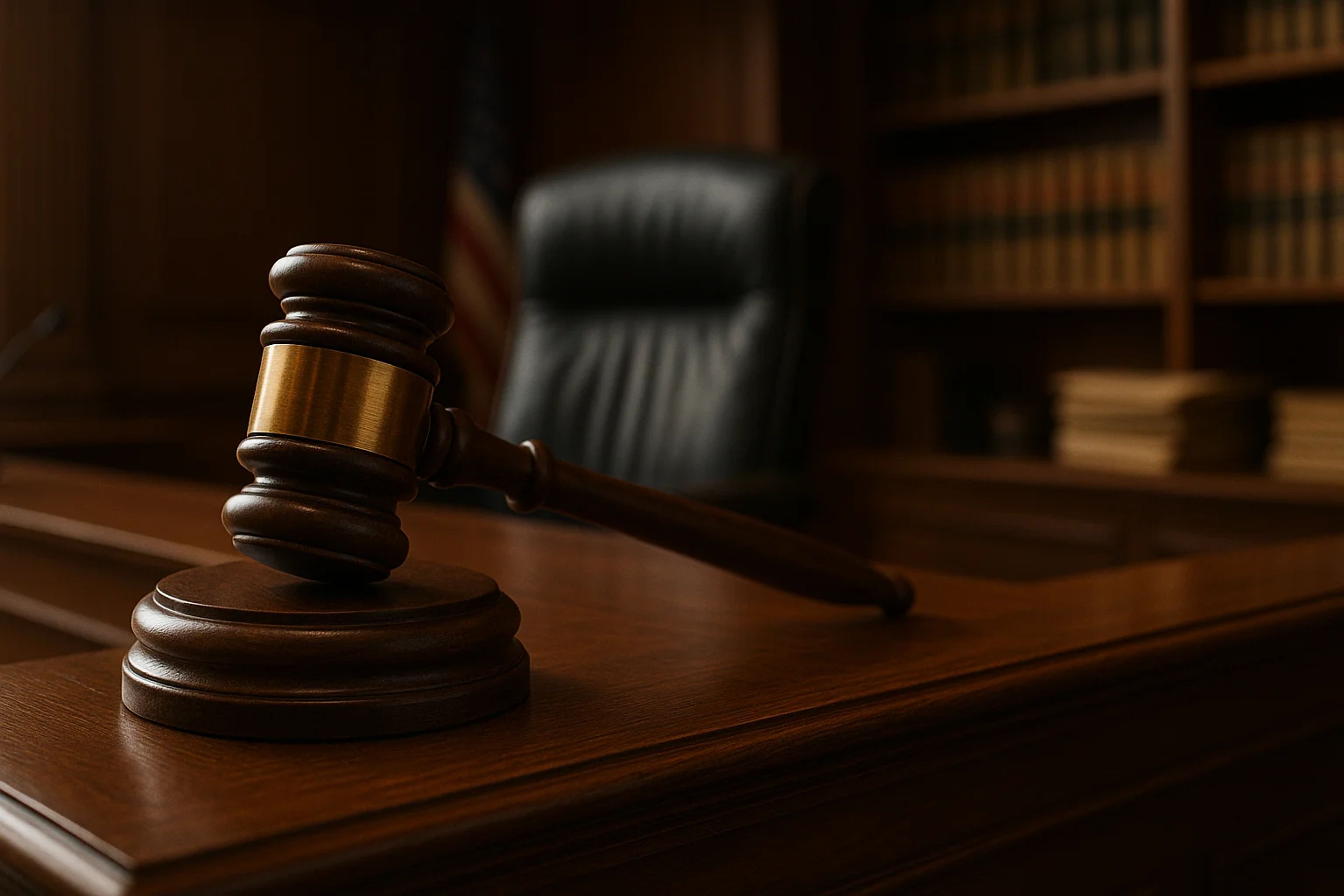 Wooden gavel resting on a desk in a courtroom