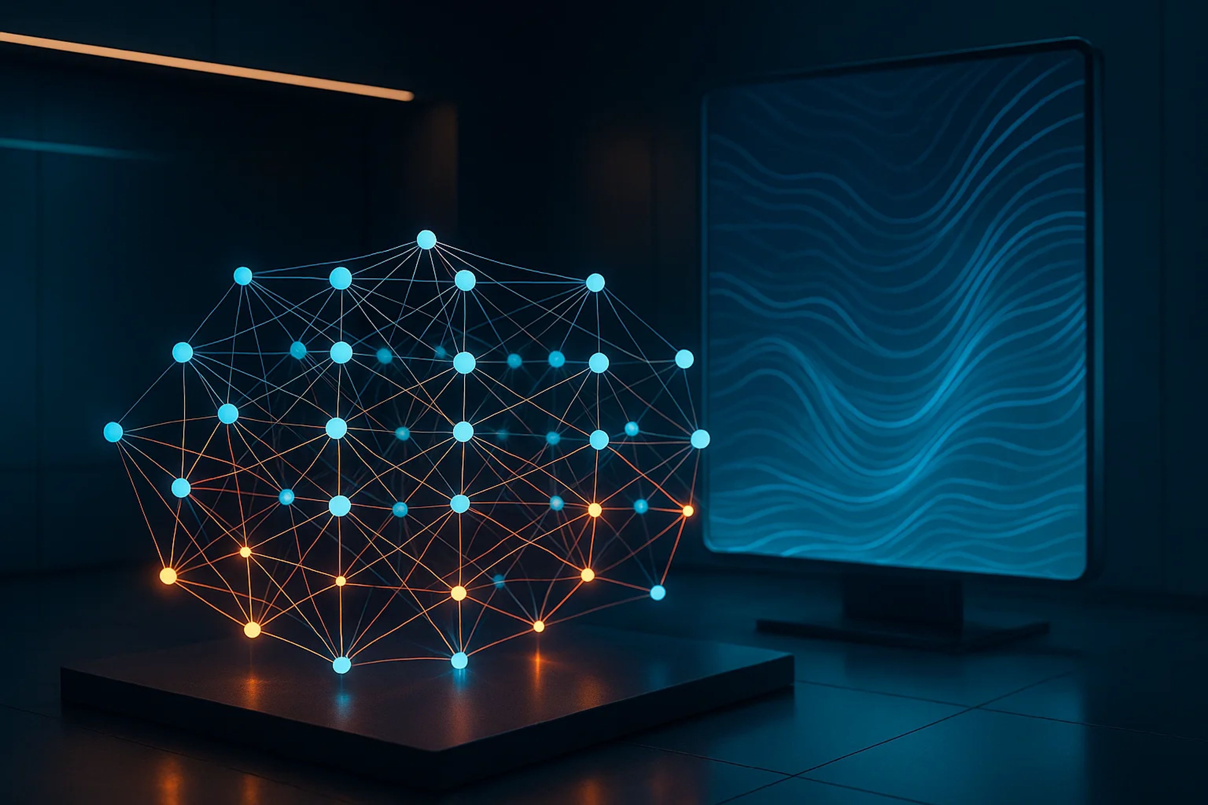A 3D network structure with glowing nodes in blue