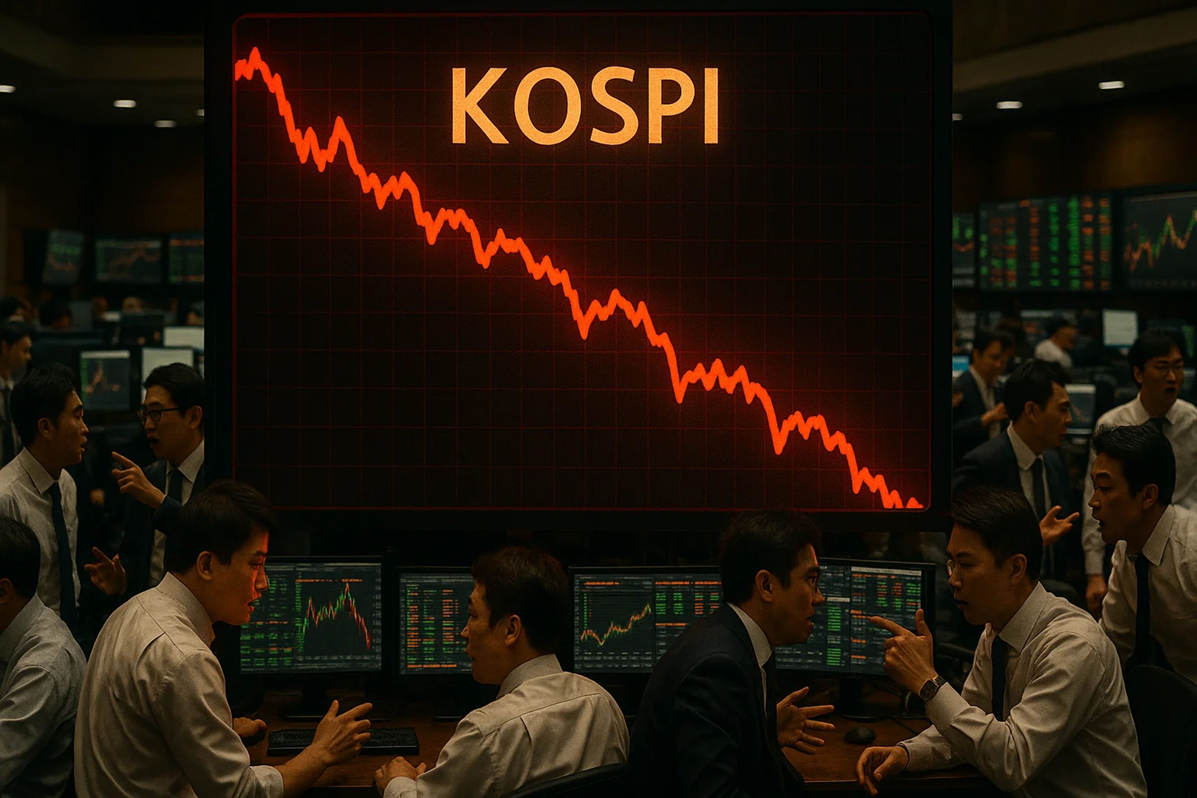 Traders in suits discussing in a dimly lit room