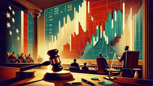 Courtroom scene with a large financial chart
