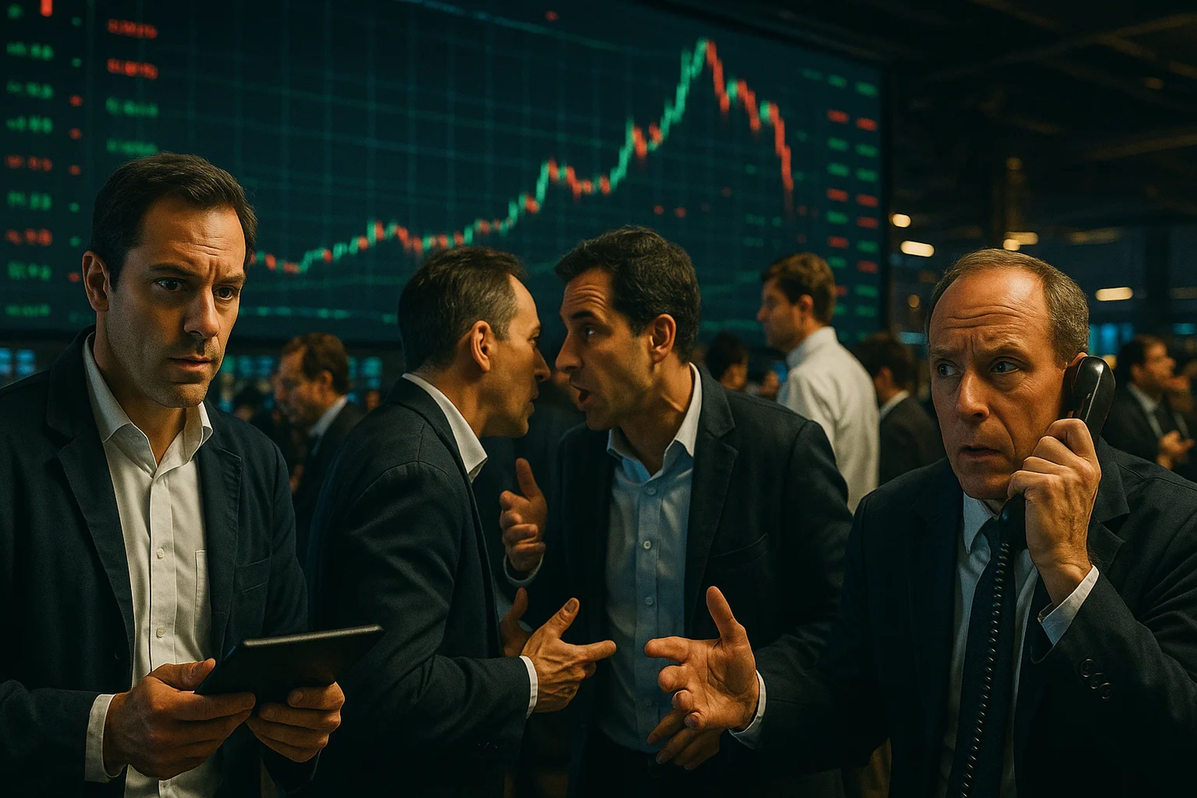 A busy trading floor with multiple traders in