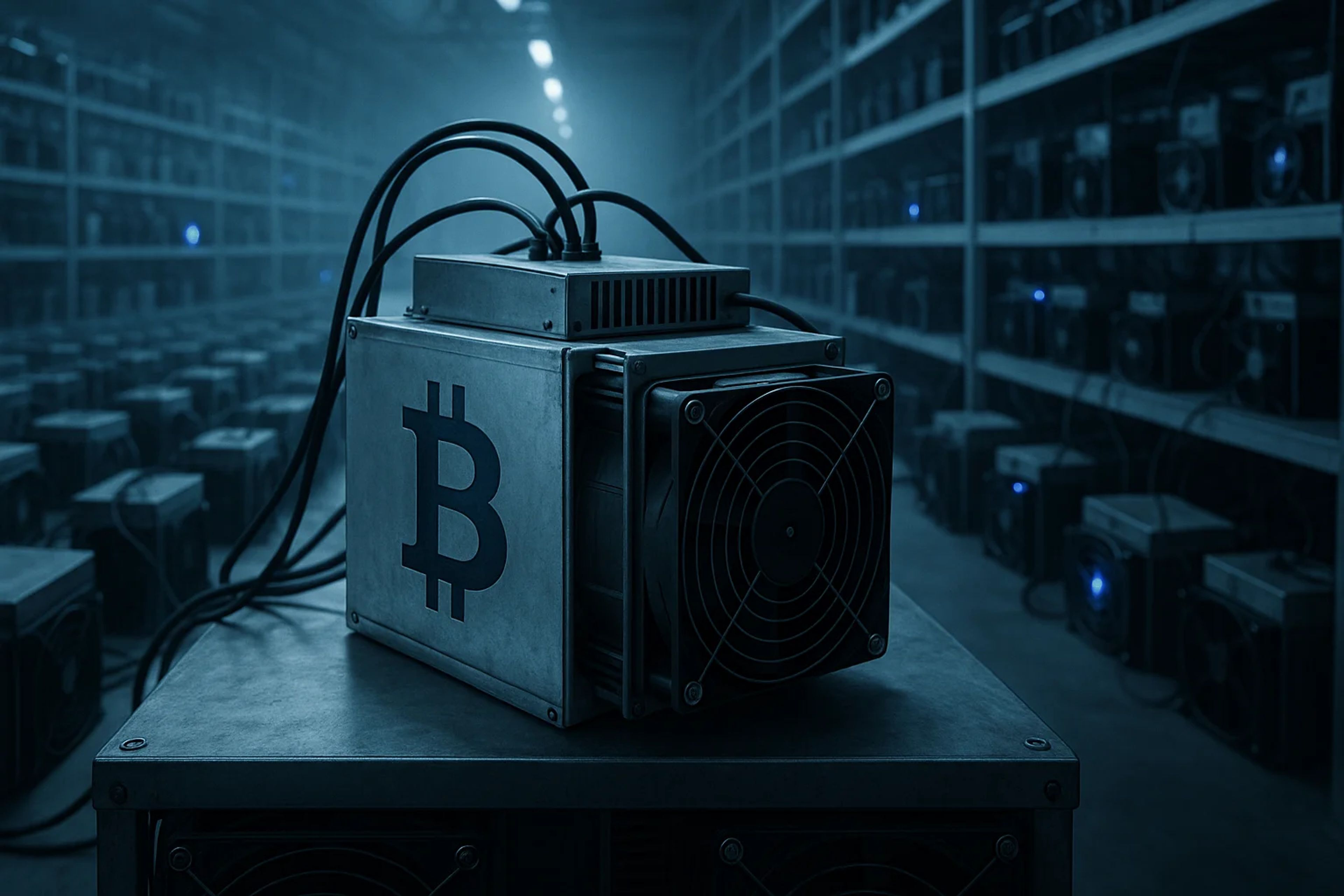 A Bitcoin mining machine in a dimly lit warehouse