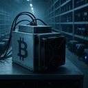 A Bitcoin mining machine in a dimly lit warehouse