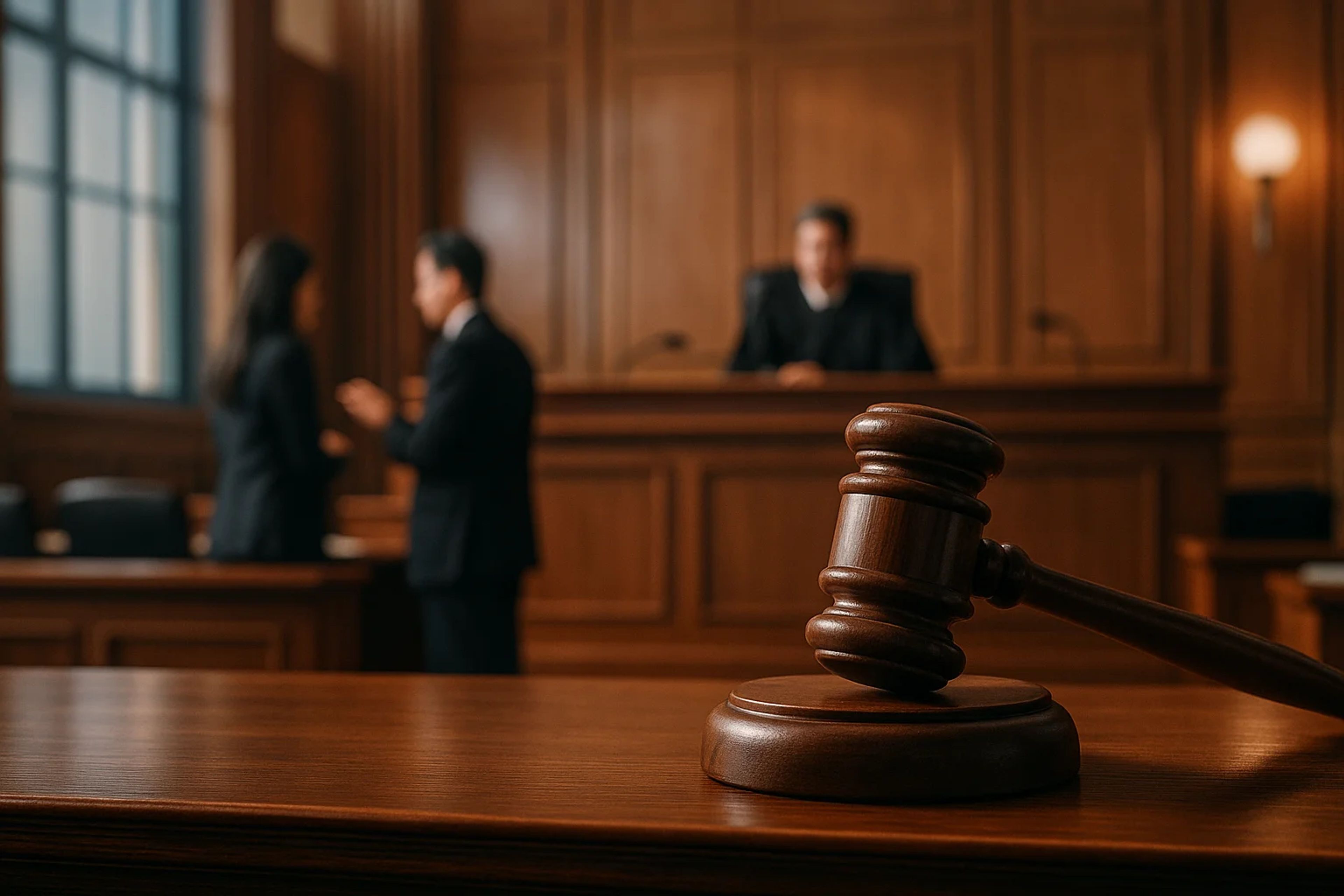 A wooden gavel on a desk in a courtroom