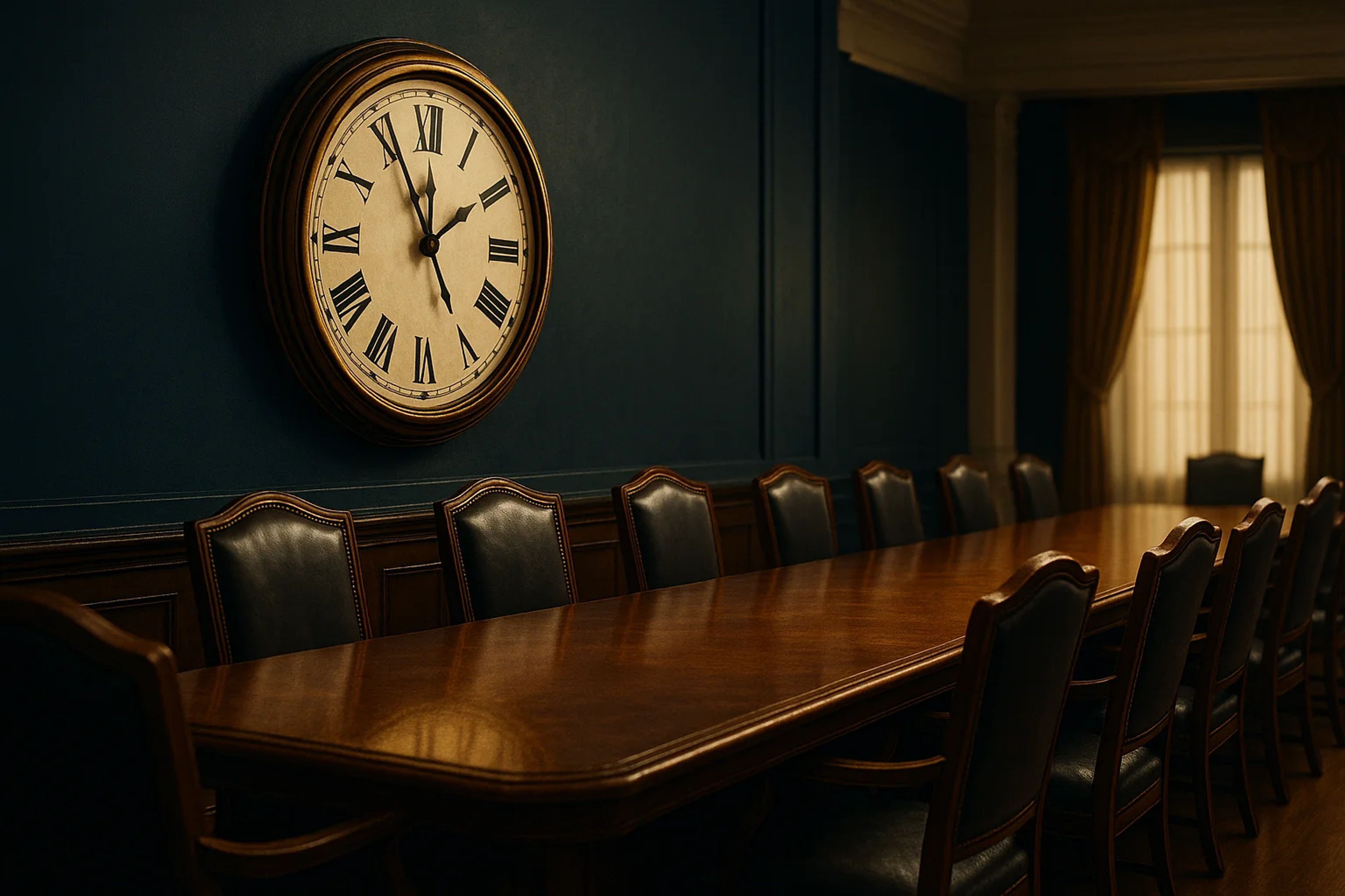 Wooden conference table with leather chairs and a