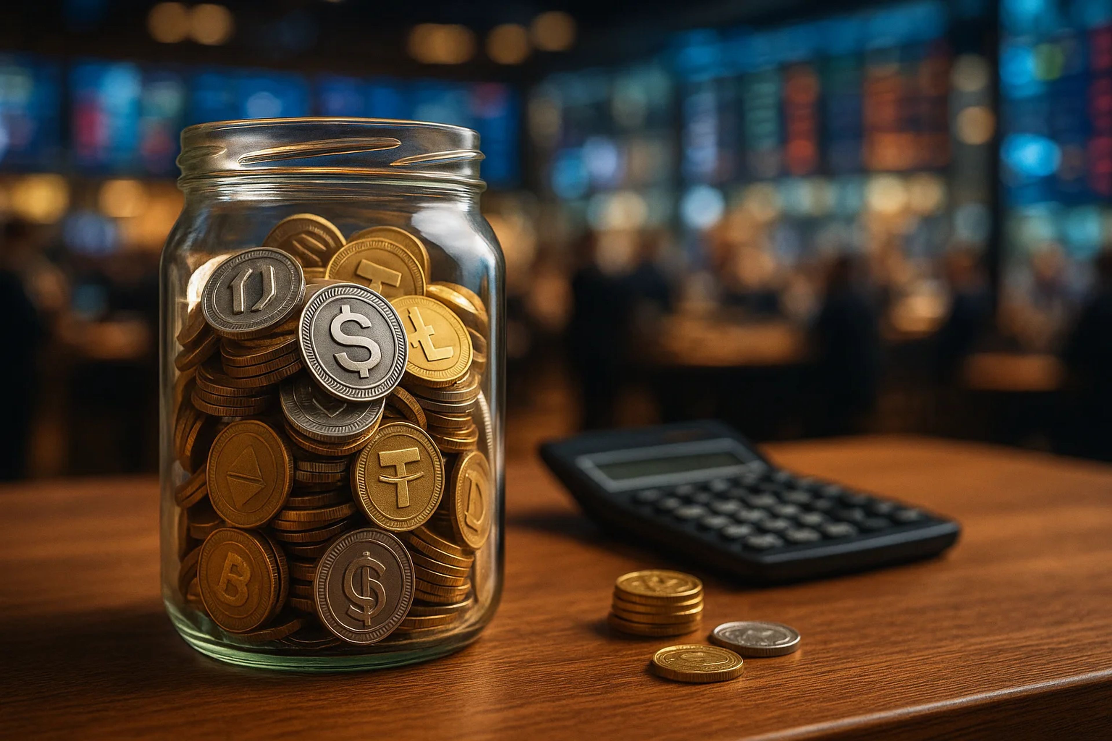 A glass jar filled with various coins on a wooden