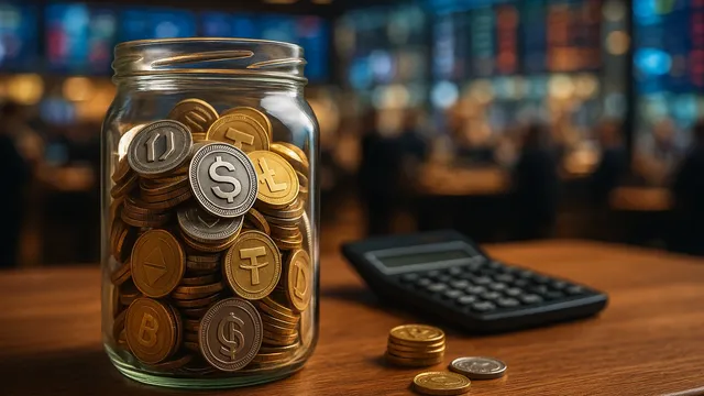A glass jar filled with various coins on a wooden