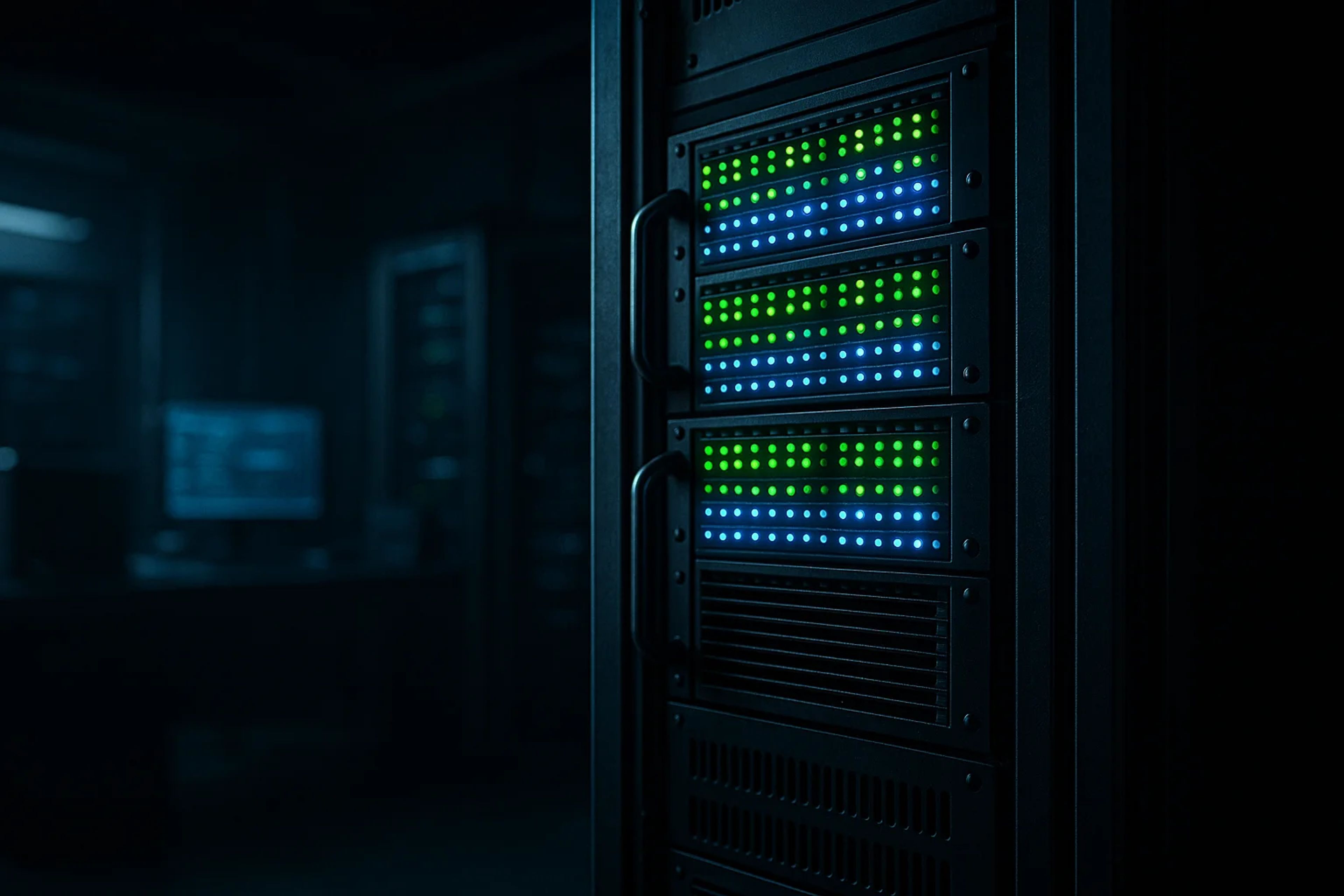 Dimly lit server room with illuminated racks