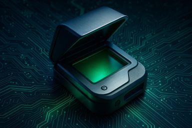 A metallic device with an open lid, glowing